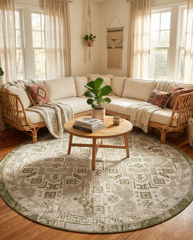Tribal Terrace Treasures Collection Area Rug - Mayan Marina (Green) Round Green  lifestyle 75