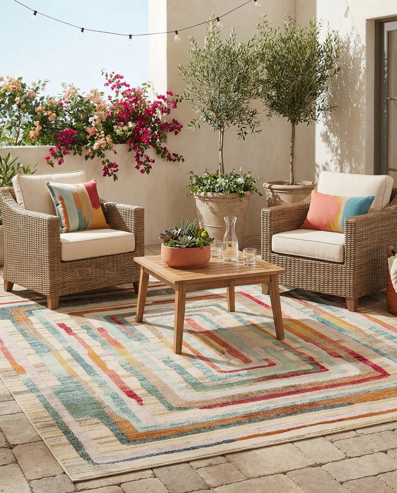 Outdoor Marrakesh Collection Area Rug -  Ouarzazate Square Multi Beige  lifestyle 61