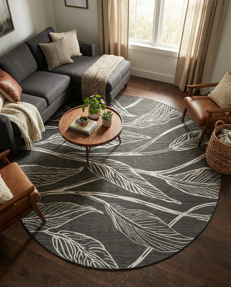 Seaside Blooms Collection Area Rug -  Evergreen (Ivory Charcoal) Round Ivory Charcoal  lifestyle 31