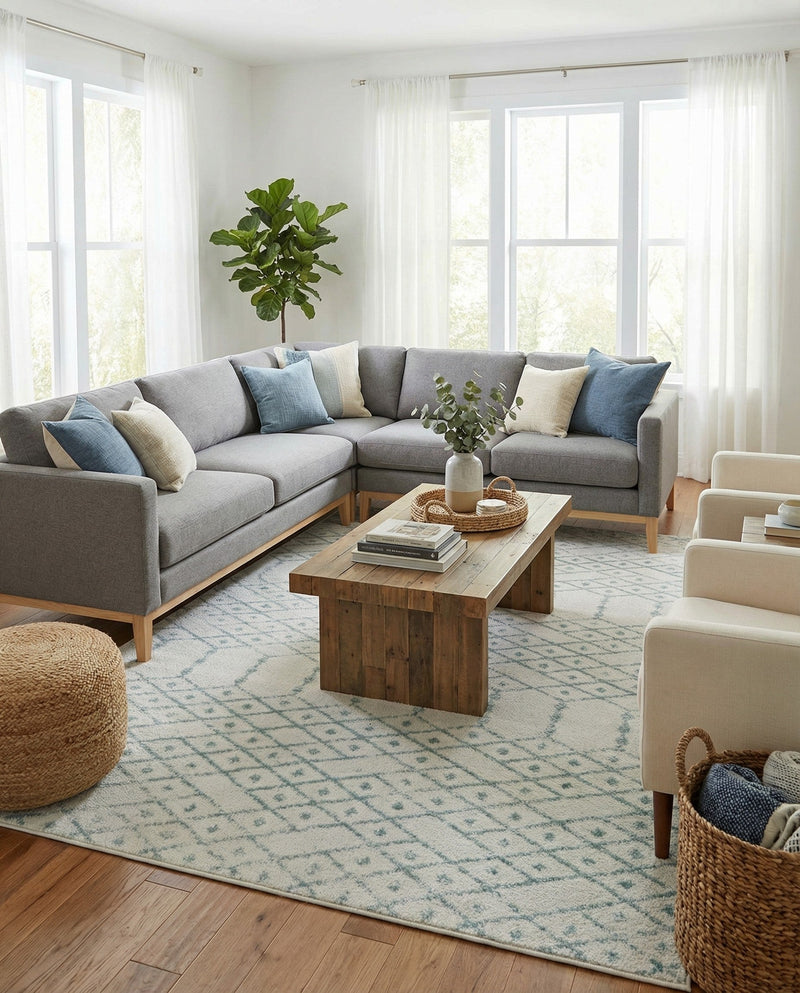 Marrakesh Lattice Collection Area Rug - Casablanca (Ivory Aqua) Rectangle Ivory Aqua  lifestyle 5