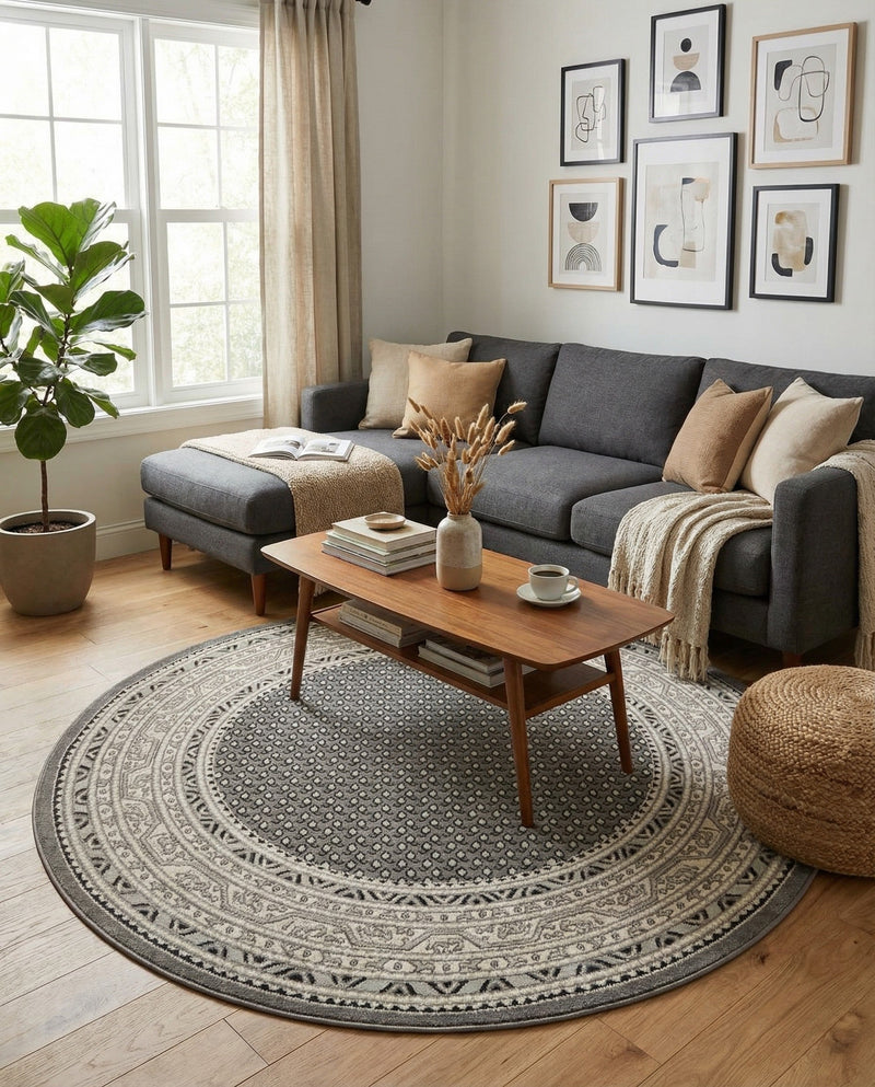 Soho Elegance Collection Area Rug -  Mercer (Gray) Round Gray  lifestyle 78