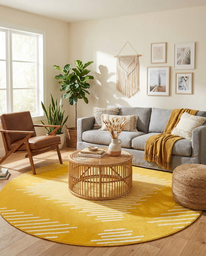 Seychelles Stripes Collection Area Rug - Mahe (Yellow) Round Yellow  lifestyle 19
