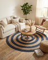 Woven Seaside Jute Collection Area Rug - Nautilus Round Navy Blue Natural  lifestyle 21