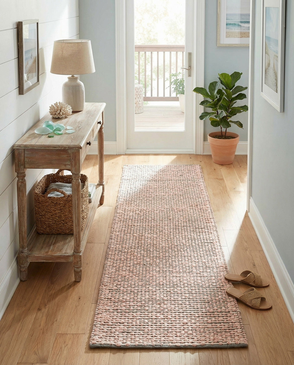 Coastal Haven Striped Jute Collection Area Rug - Marina Runner Pink and Gray  lifestyle 48