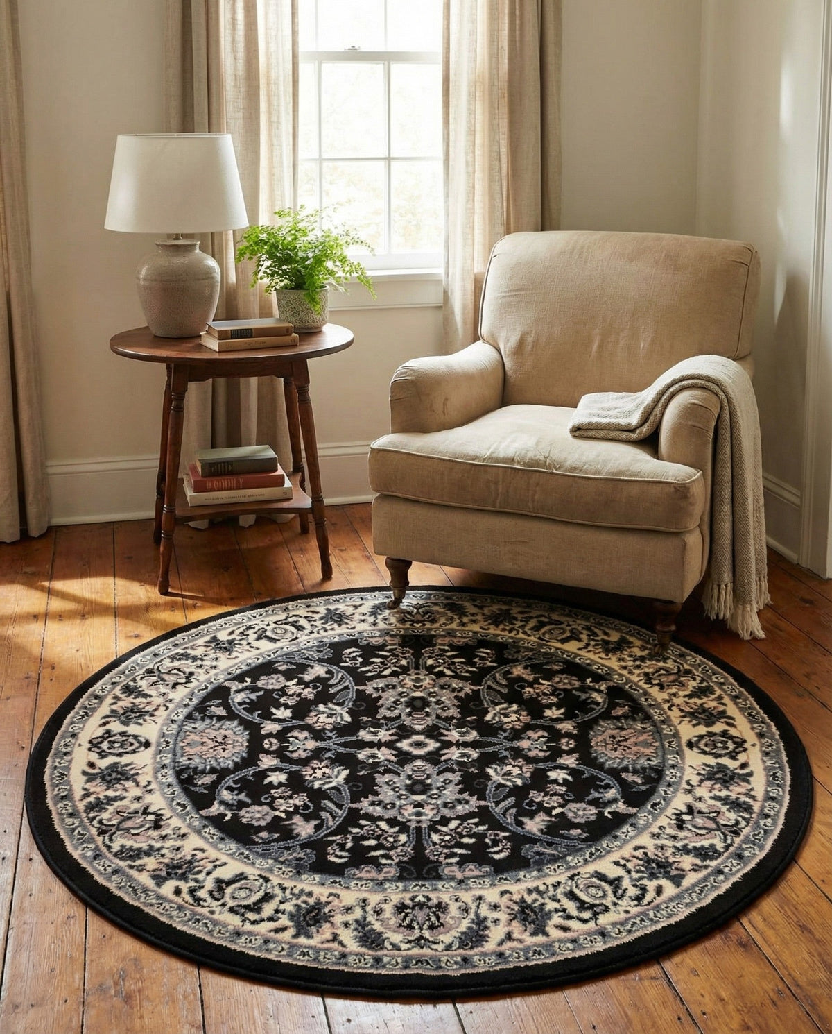 Isfahan Elegance Collection Area Rug - Naghsh-e Jahan (Black) Round Black  lifestyle 110
