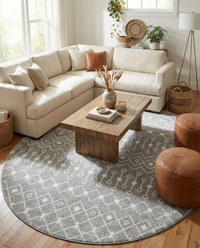 Mediterranean Lattice Collection Area Rug - Santorini (Gray) Round Gray  lifestyle 25