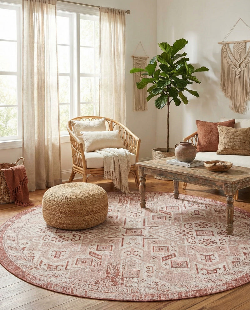 Tribal Terrace Treasures Collection Area Rug - Mayan Marina (Rust Red) Round Rust Red  lifestyle 76