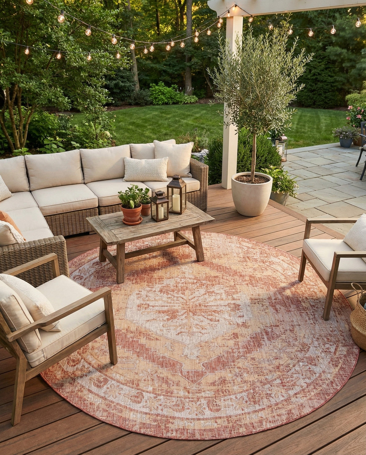 Patio Heritage Collection Area Rug -  Augusta (Rust Red) Round Rust Red  lifestyle 48