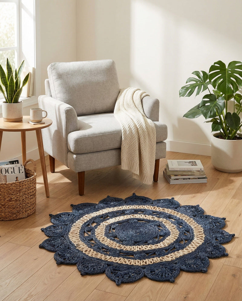 Woven Seaside Jute Collection Area Rug - Coastalhaven (Navy Blue and White) Round Navy Blue and White  lifestyle 6