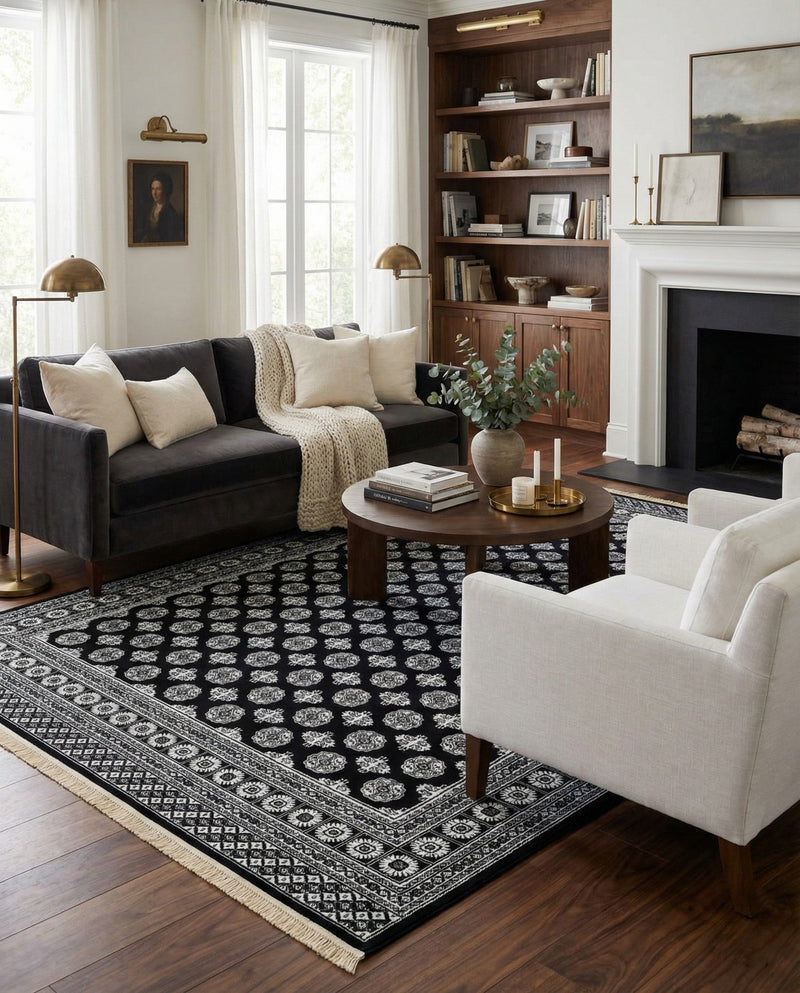 Samarkand Elegance Collection Area Rug -  Margilan (Black and White) Rectangle Black and White  lifestyle 8