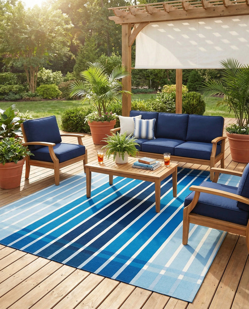 Seaside Stripes Collection Area Rug -  Coral Rectangle Blue  lifestyle 20