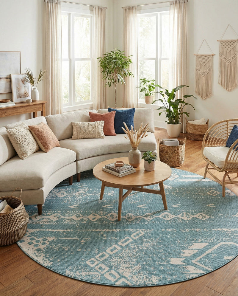 Desert Nomad Terrace Collection Area Rug - Sahara (Light Aqua) Round Light Aqua  lifestyle 21