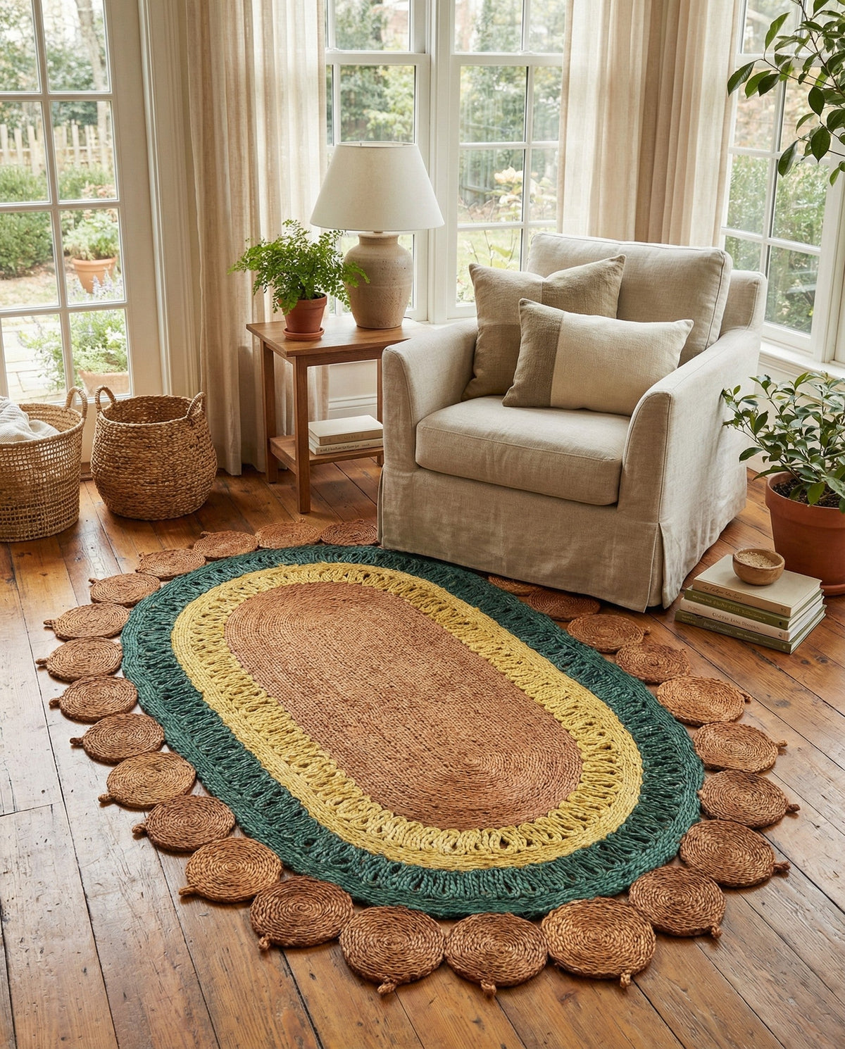 Woven Seaside Jute Collection Area Rug - Coastalhaven (Orange Green Yellow) Oval Orange Green Yellow  lifestyle 7