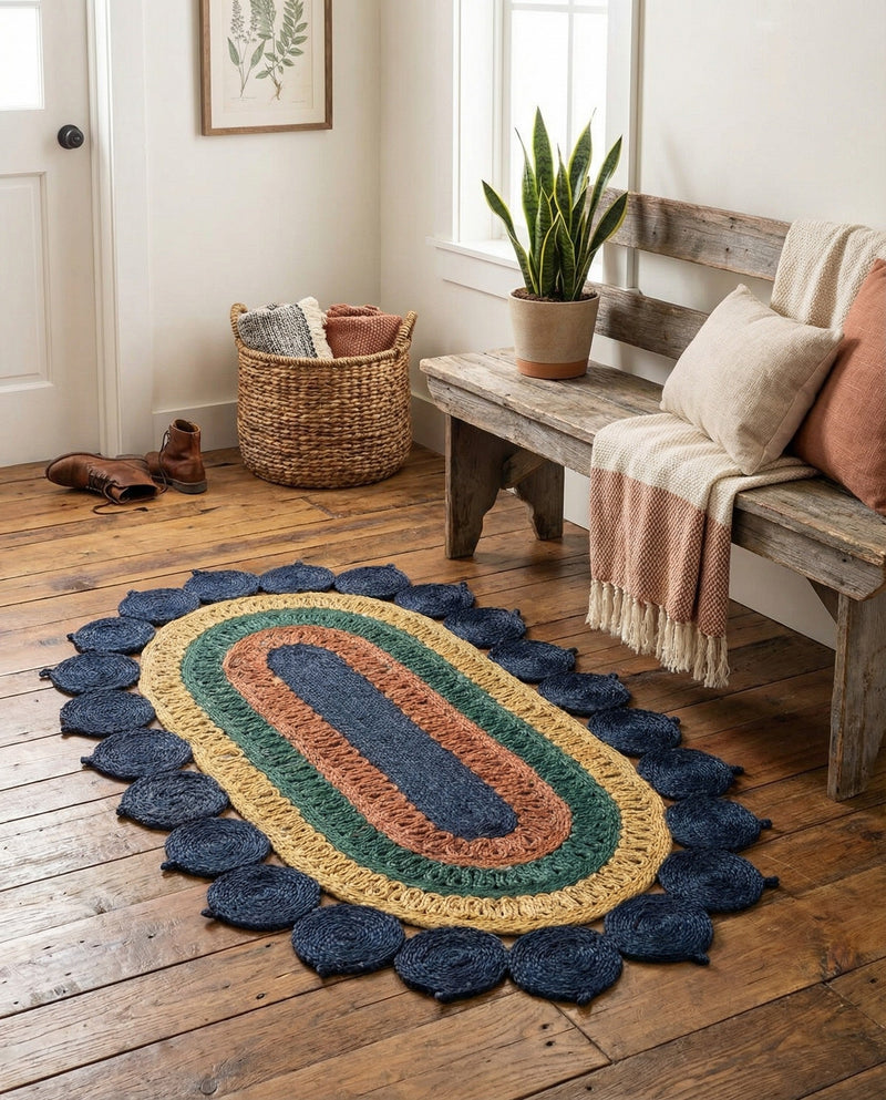 Woven Seaside Jute Collection Area Rug - Coastalhaven (Navy Blue Yellow Green) Oval Navy Blue Yellow Green  lifestyle 7