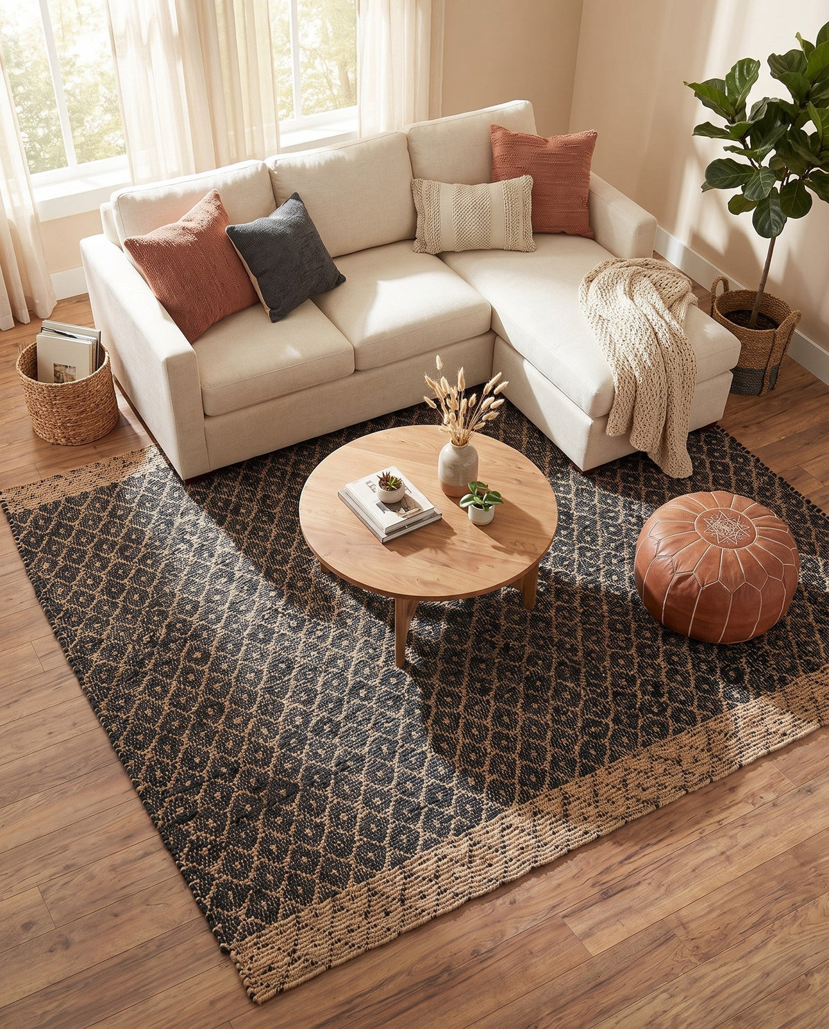 Tulum Trellis Collection Area Rug - Shoreline Square Black  lifestyle 170
