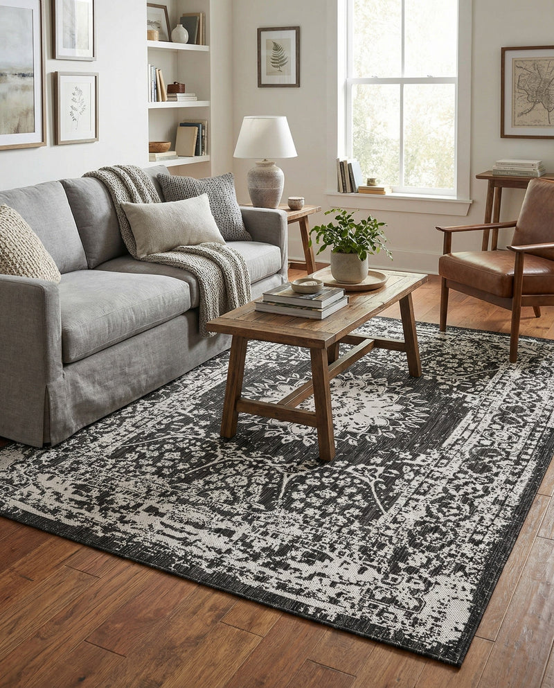 Patio Heritage Collection Area Rug -  Lafayette (Black and White) Rectangle Black and White  lifestyle 10