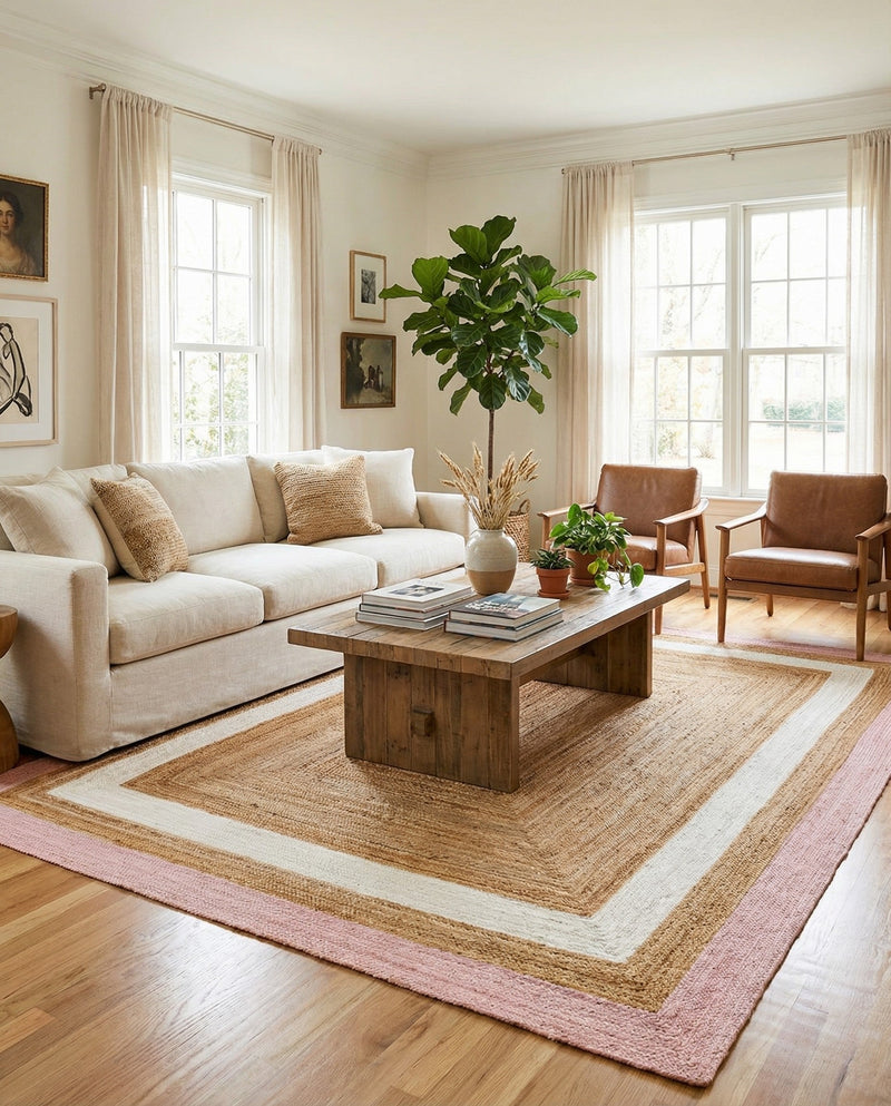 Woven Seaside Jute Collection Area Rug - Nantucket Rectangle Pink White Natural  lifestyle 7