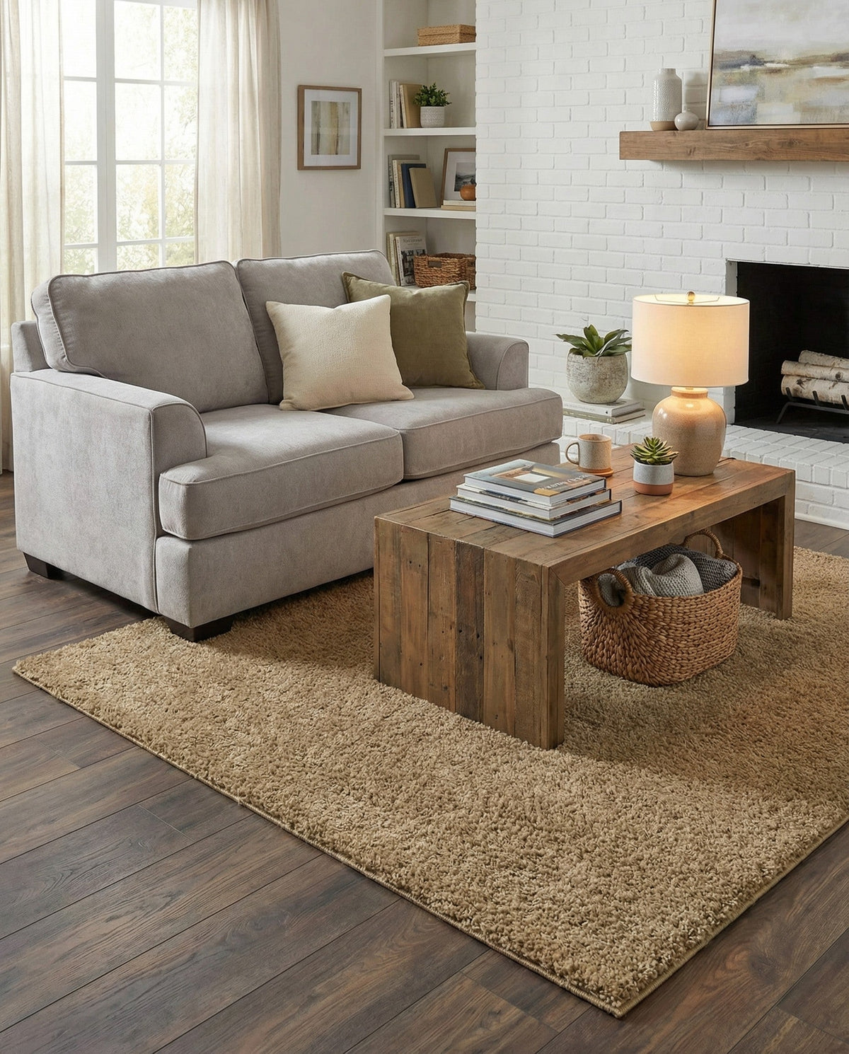 Cozy Comfort Shag Collection Area Rug - Haven (Khaki) Square Khaki  lifestyle 40