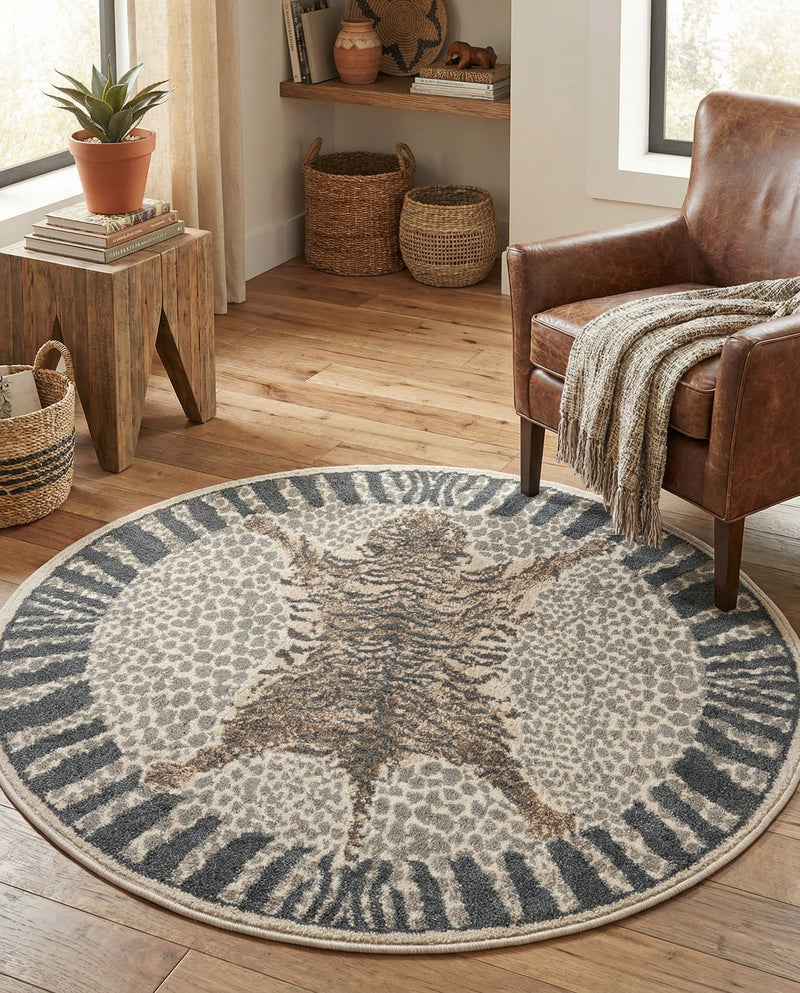 Savannah Sojourn Collection Area Rug -  Masai Round Gray and Ivory  lifestyle 44