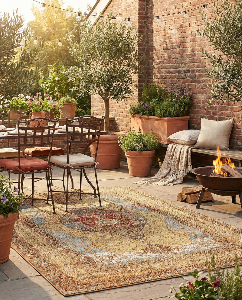 Patio Heritage Collection Area Rug -  Pergola Rectangle Blue and Light Brown  lifestyle 23