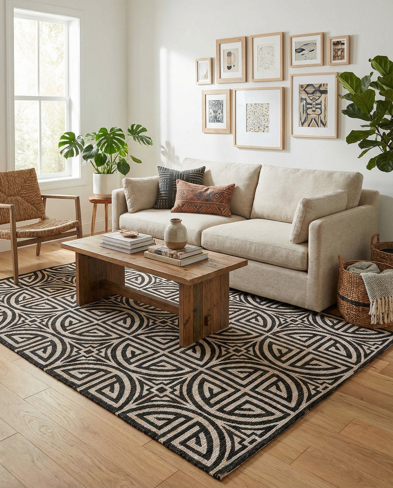 Savannah Threads Collection Area Rug -  Thar Rectangle Black and Ivory  lifestyle 11