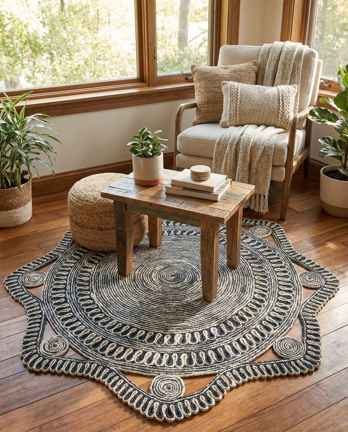 Woven Seaside Jute Collection Area Rug - Nantucket Round Navy and White  lifestyle 95