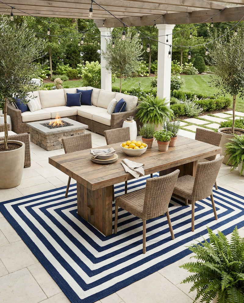 Sustainable Strands Indoor-Outdoor Oasis Collection Area Rug - Harborview Rectangle Navy Blue and White  lifestyle 6