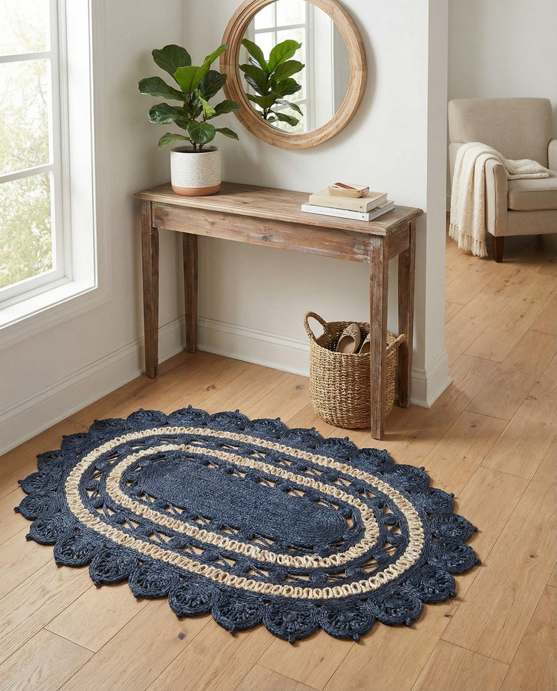 Woven Seaside Jute Collection Area Rug - Coastalhaven (Navy Blue and White) Oval Navy Blue and White  lifestyle 7