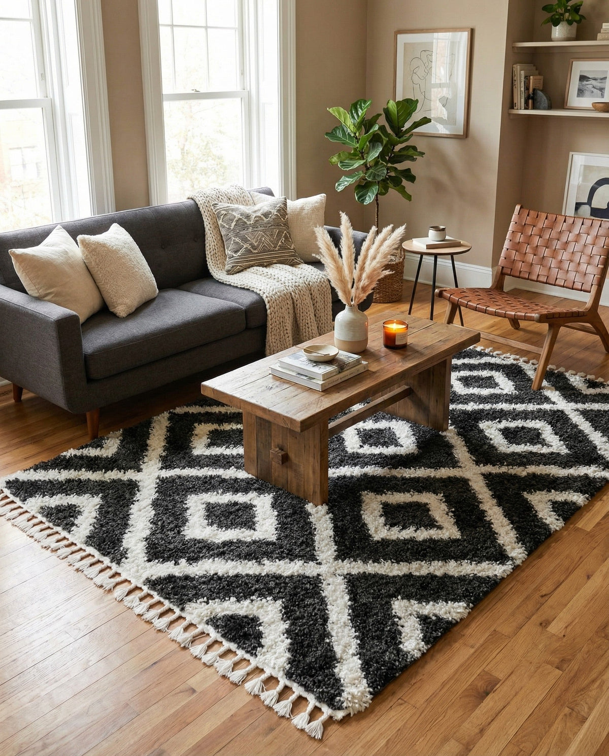 Cozy Cove Shag Collection Area Rug -  Dunes Square Black and White  lifestyle 119