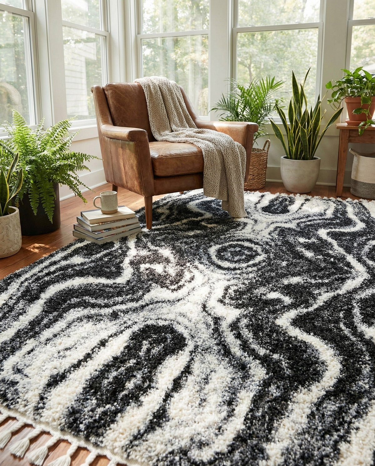 Cozy Cove Shag Collection Area Rug -  Seabreeze Rectangle Black and White  lifestyle 35