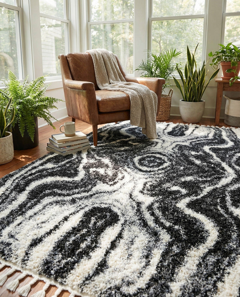 Cozy Cove Shag Collection Area Rug -  Seabreeze Rectangle Black and White  lifestyle 35