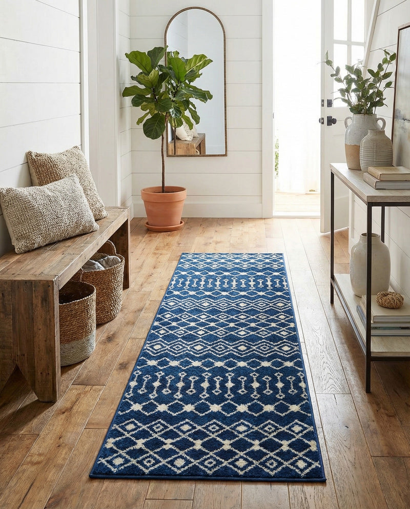 Mediterranean Lattice Collection Area Rug - Santorini (Navy Blue) Runner Navy Blue  lifestyle 33