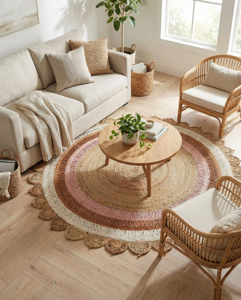 Woven Seaside Jute Collection Area Rug - Coastalhaven (Natural White Orange Pink) Round Natural White Orange Pink  lifestyle 19