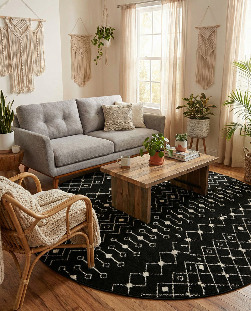 Mediterranean Lattice Collection Area Rug - Santorini (Black and White) Round Black and White  lifestyle 49