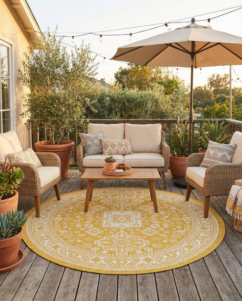 Tribal Terrace Treasures Collection Area Rug -  Incan Isle (Yellow) Round Yellow  lifestyle 58