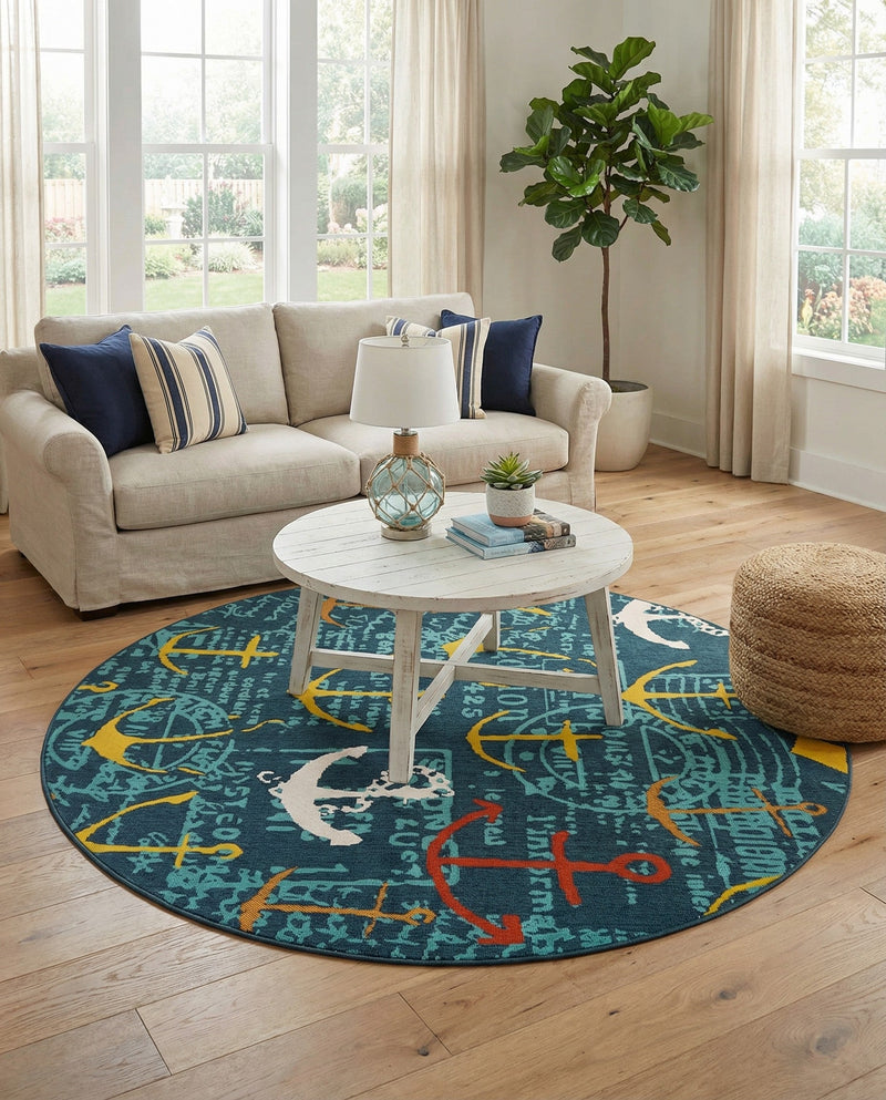 Seaside Haven Rugs Collection Area Rug -  Lighthouse Round Navy Blue  lifestyle 59