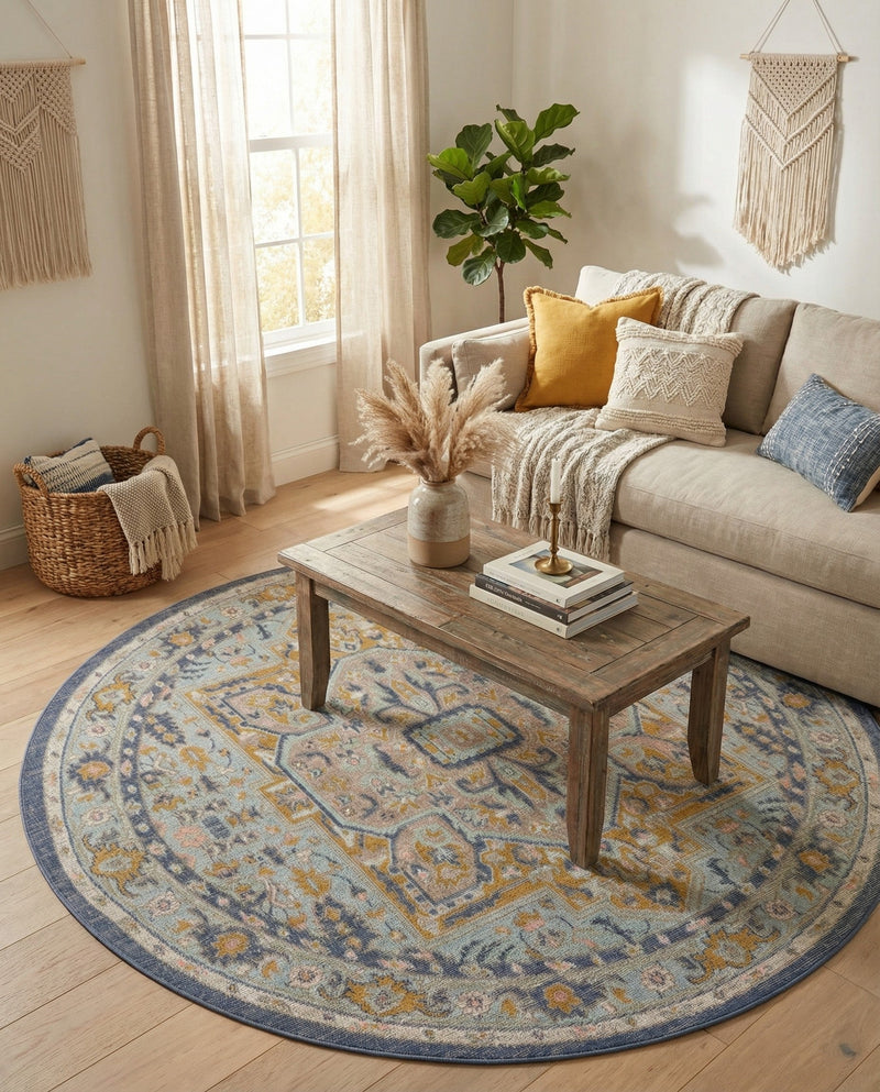 Savannah Series Collection Area Rug - Charleston (Sky blue) Round Sky blue  lifestyle 29