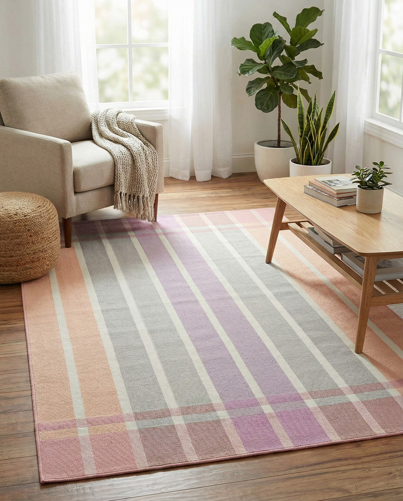 Seaside Stripes Collection Area Rug -  Coral Rectangle Pink and Lavender  lifestyle 48