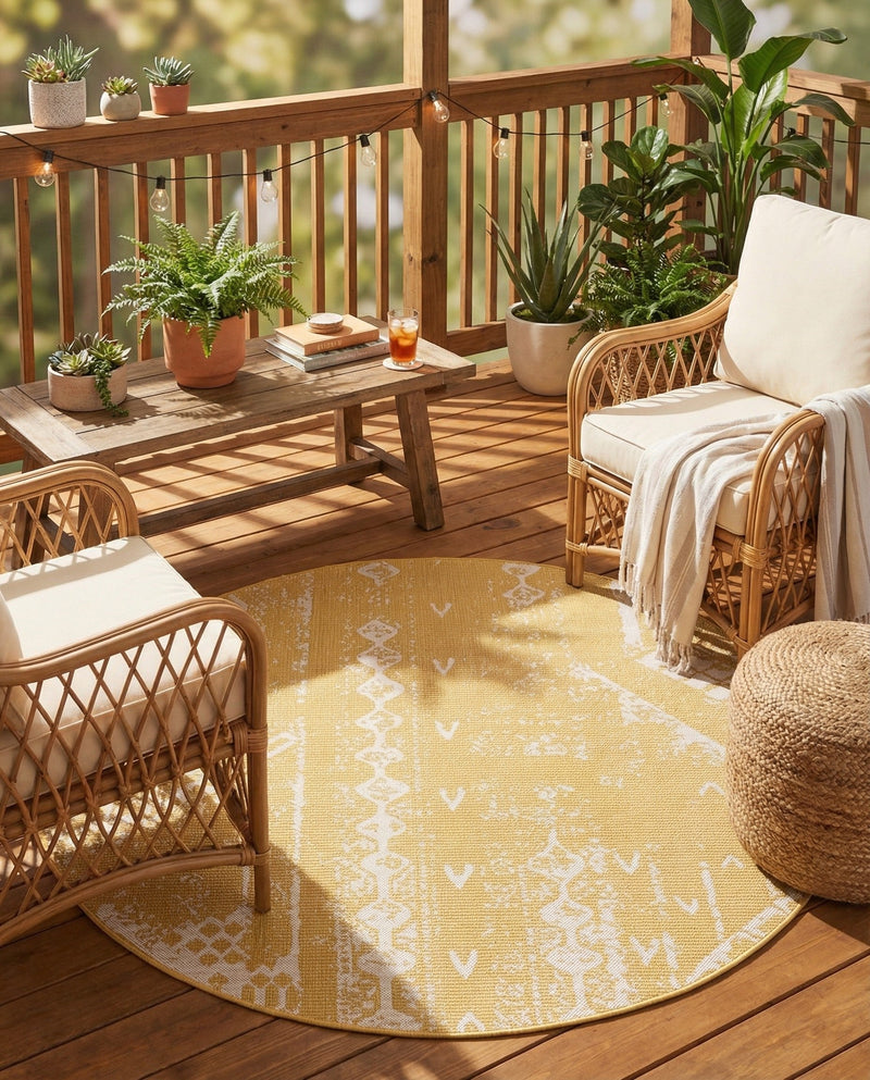 Desert Nomad Terrace Collection Area Rug - Sahara (Yellow) Round Yellow  lifestyle 22