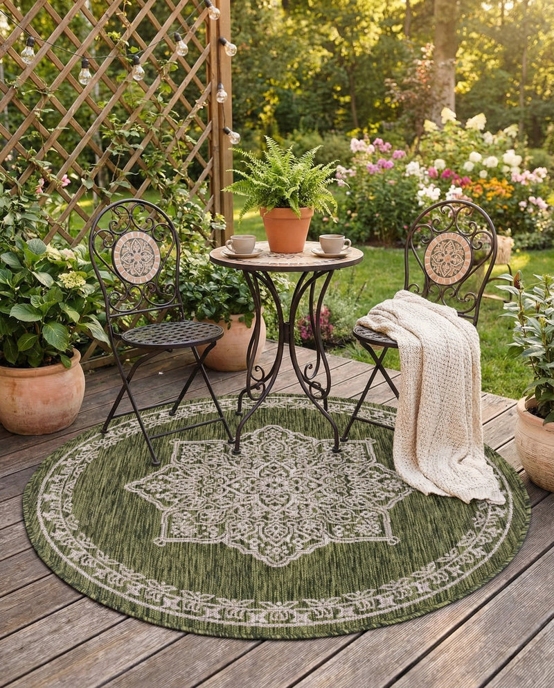 Patio Heritage Collection Area Rug -  Charleston (Green) Round Green  lifestyle 60