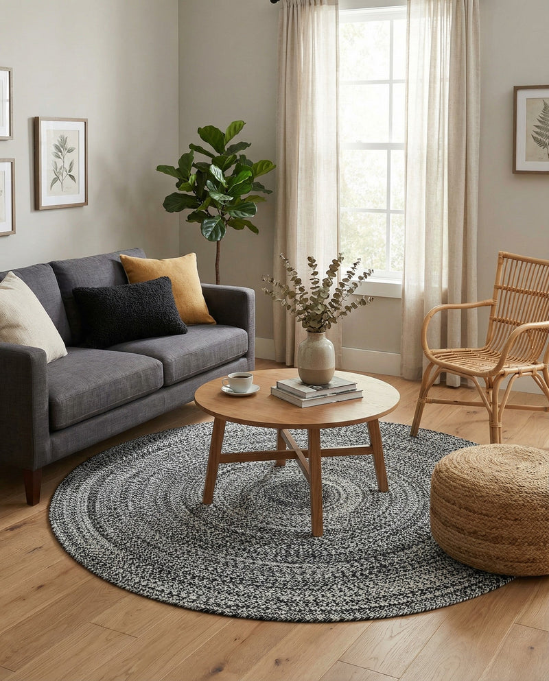 Sustainable Strands Indoor-Outdoor Oasis Collection Area Rug -  Sandbar (Black and White) Round Black and White  lifestyle 42