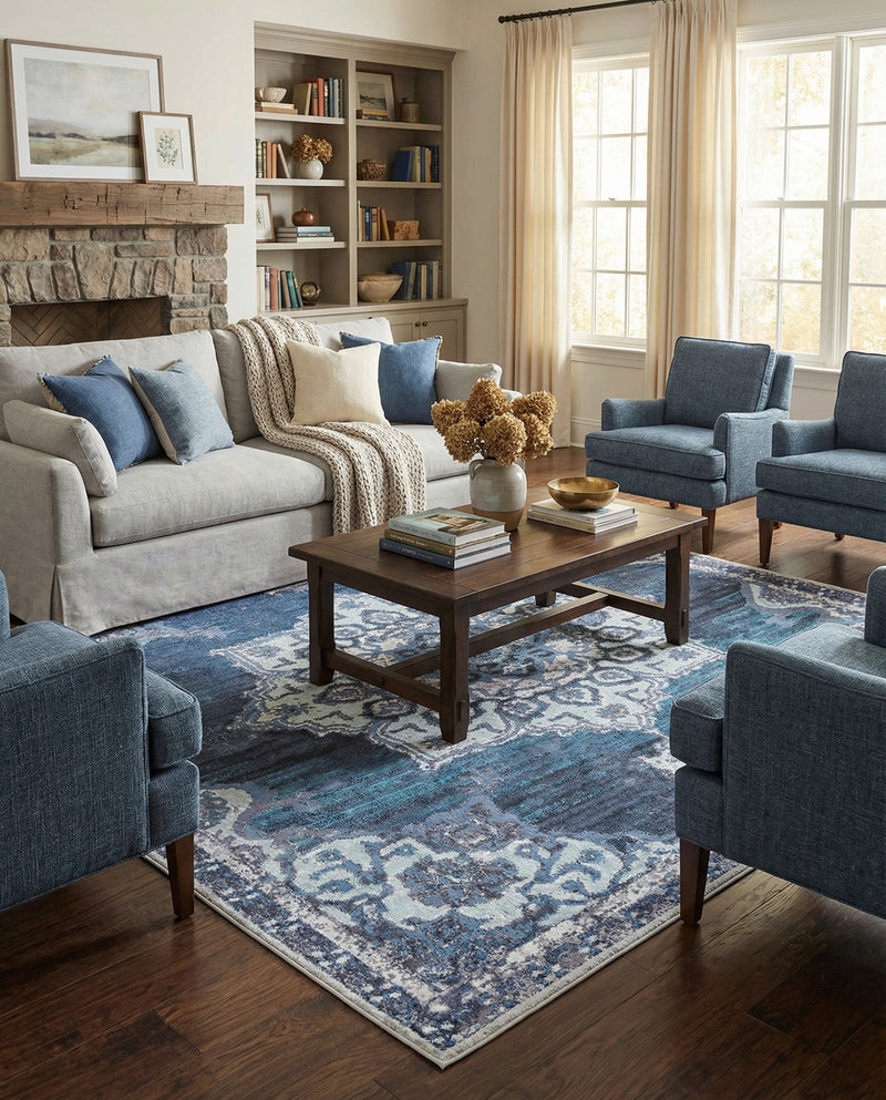 Baroque Era Collection Area Rug - Versailles (Navy Blue) Square Navy Blue  lifestyle 26
