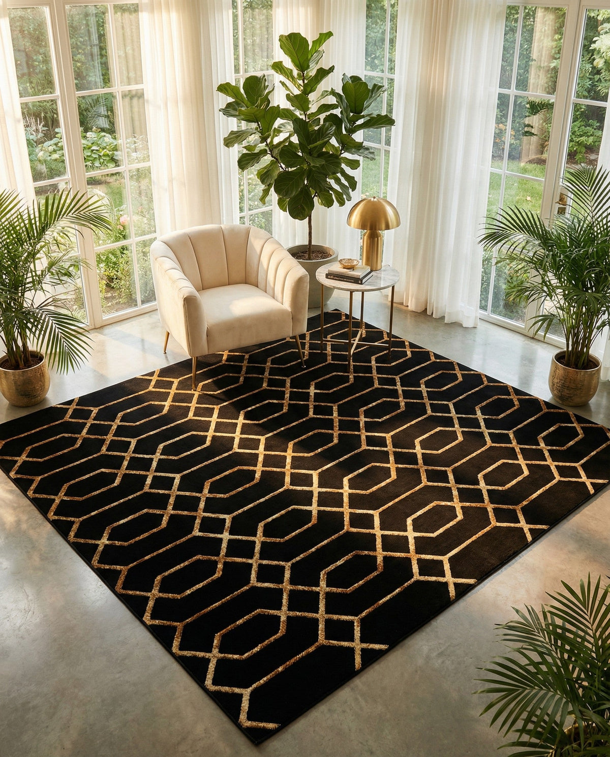 Hollywood Luxe Collection Area Rug - Sunset Square Black and Gold  lifestyle 177