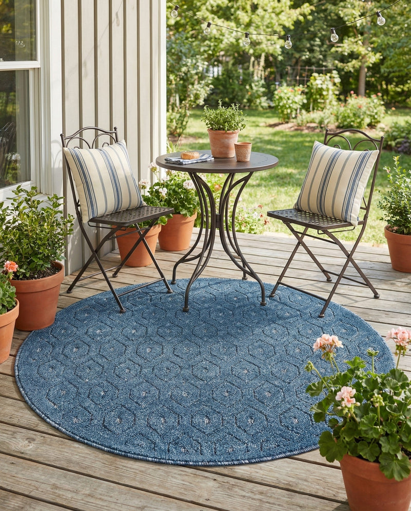 Garden Lattice Charm Collection Area Rug - Arbor (Navy Blue) Round Navy Blue  lifestyle 49