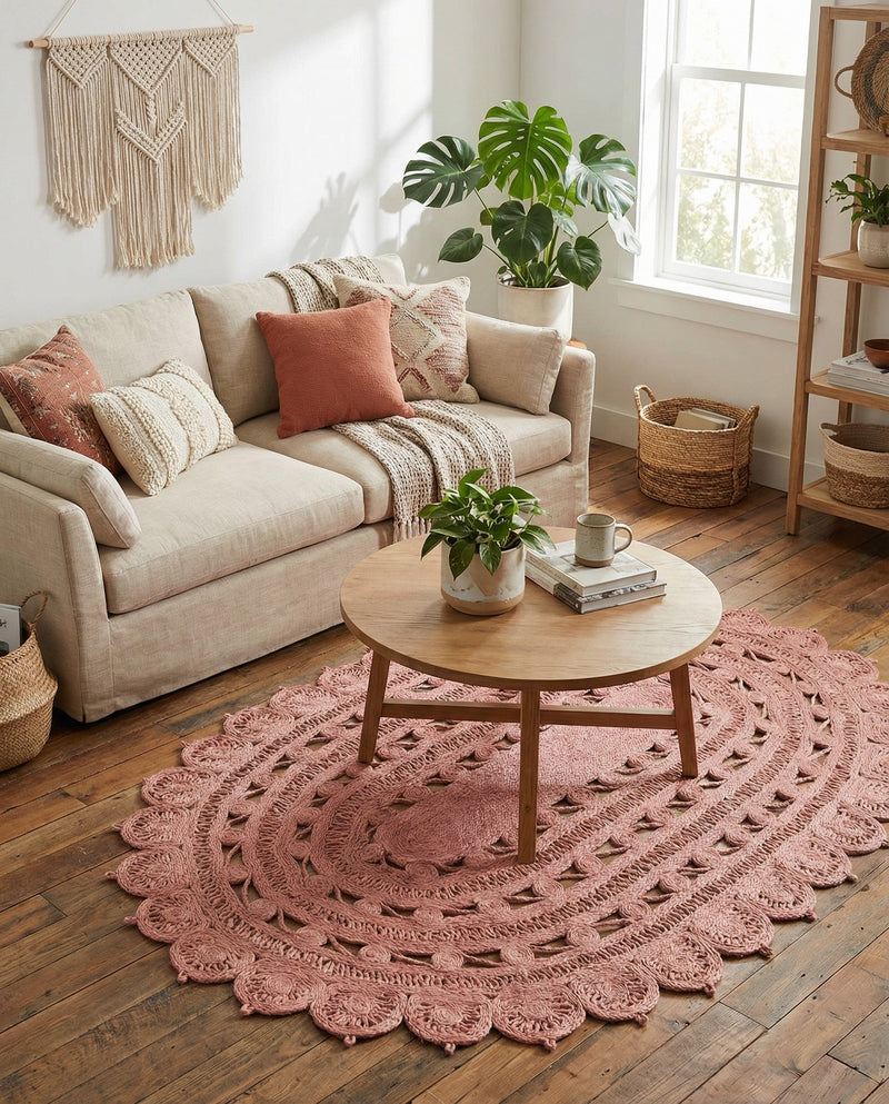 Woven Seaside Jute Collection Area Rug - Coastalhaven (Pink) Oval Pink  lifestyle 29
