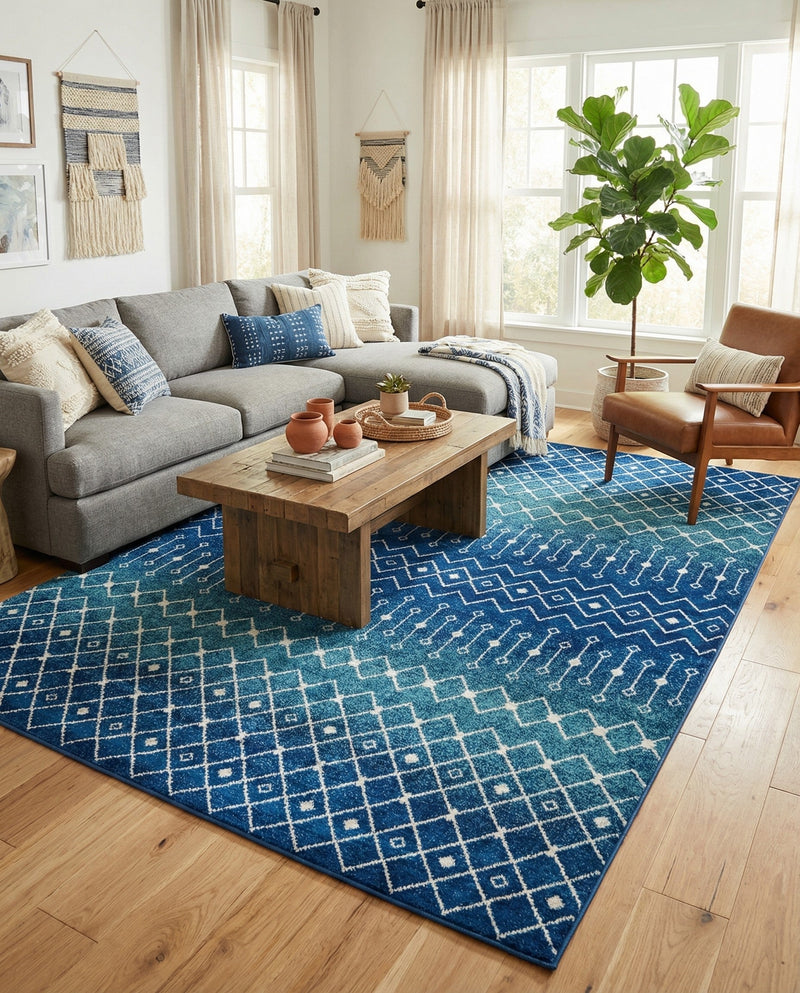 Mediterranean Lattice Collection Area Rug - Santorini (Navy and Teal) Rectangle Navy and Teal  lifestyle 5