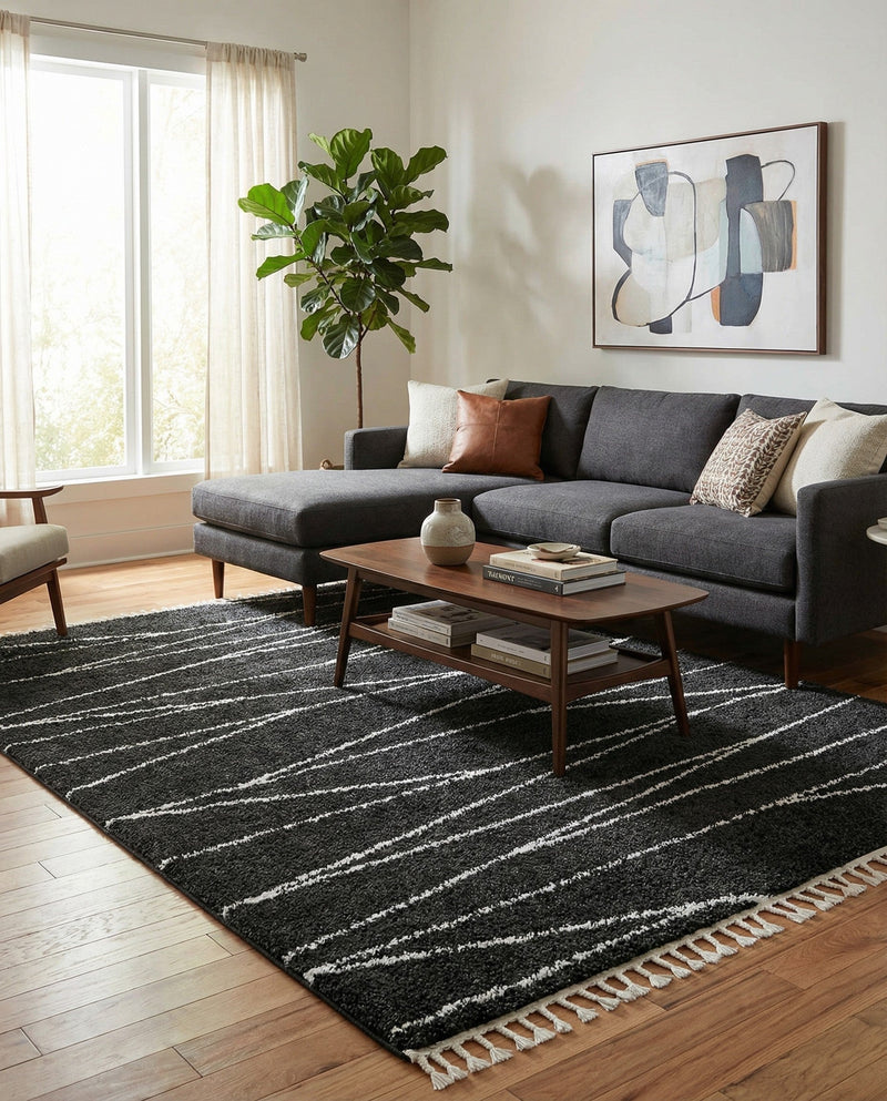 Tranquil Tides Shag Collection Area Rug -  Frost Rectangle Black and White  lifestyle 9