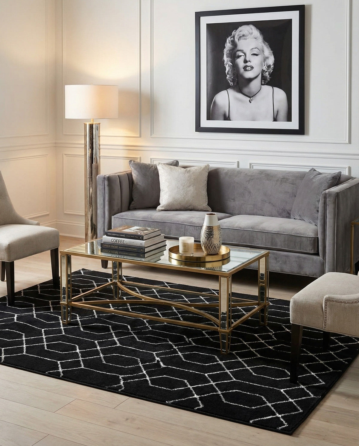 Hollywood Luxe Collection Area Rug - Sunset Rectangle Black and Silver  lifestyle 77