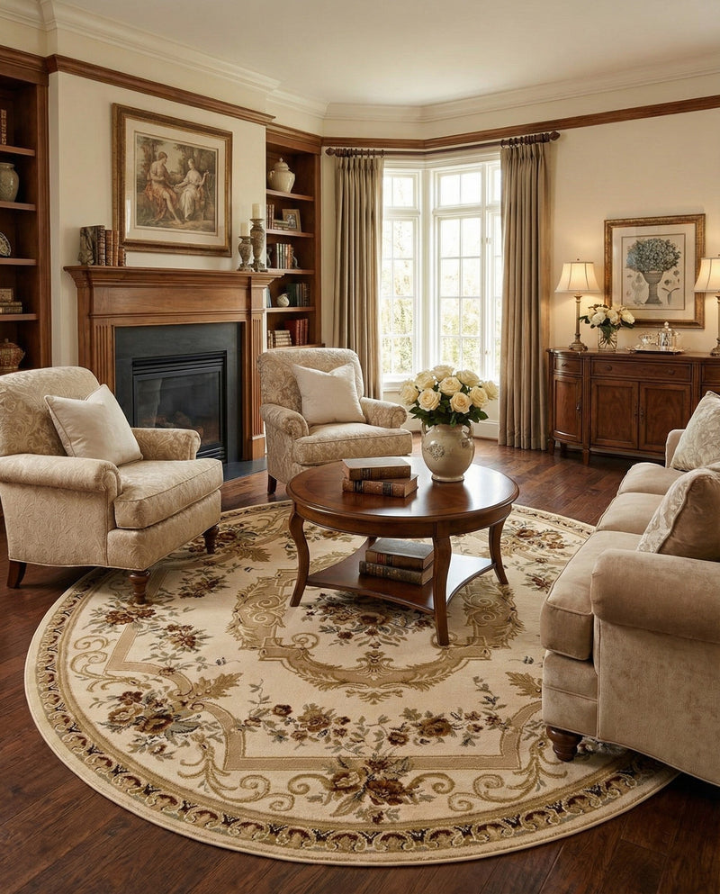 Versailles Elegance Collection Area Rug -  Louveciennes (Cream) Round Cream  lifestyle 83