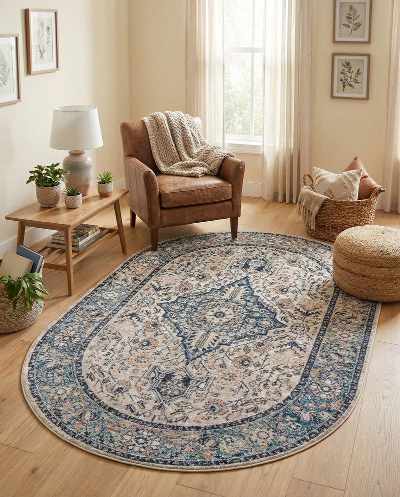 Seville Stripes Collection Area Rug - Cadiz (Blue) Oval Blue  lifestyle 45